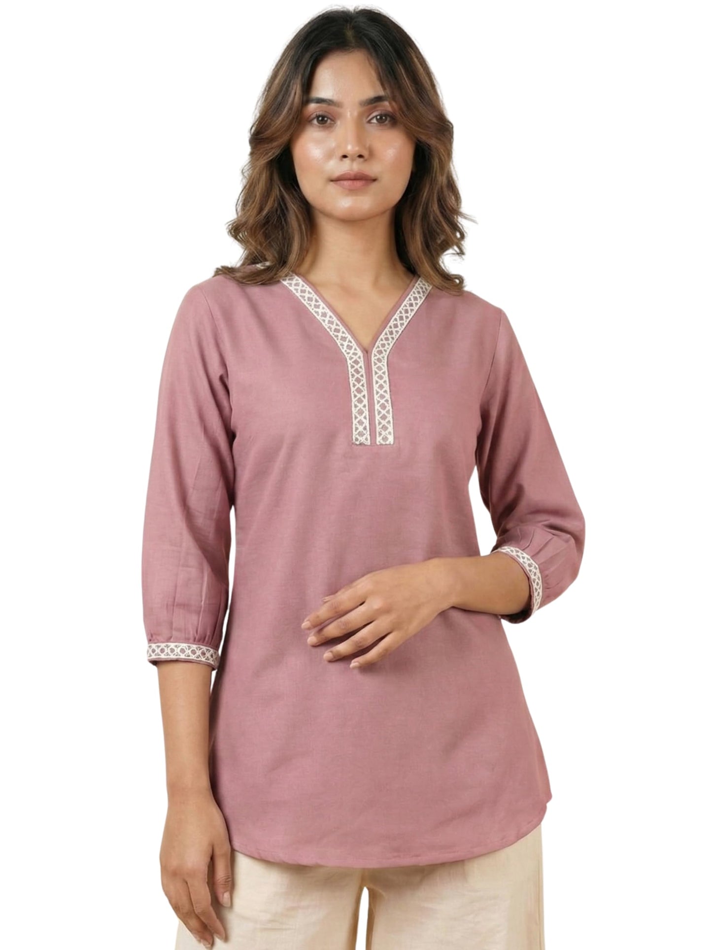 Dusty Rose Women's Viscose Rayon Lace Detail Tunic | V-Neck 3/4 Sleeve Casual Top | Comfortable Short Kurti |