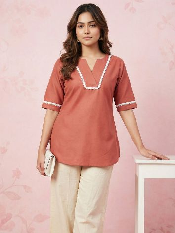 Rust Solid Short Kurti for Women | Casual Ethnic Wear
