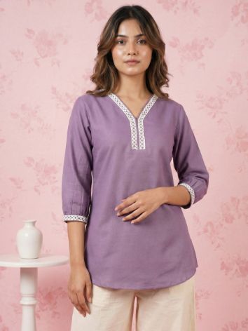 Lavender Solid Short Kurti for Women | Cotton Blend Ethnic Tunic