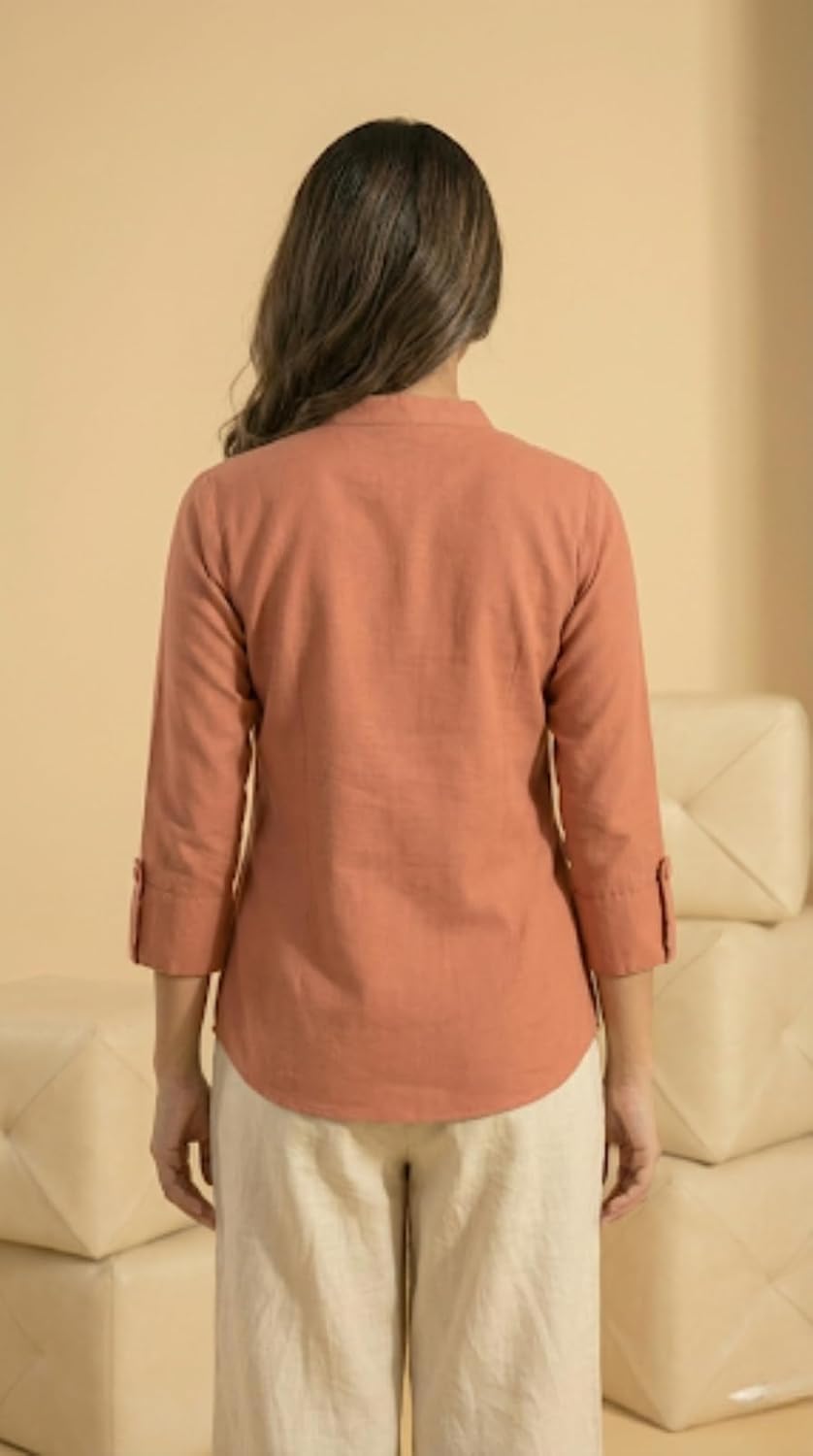 Women's Viscose Rayon,Mandarin Collar Button-Down Shirt, 3/4 Sleeve Casual Top | Roll-up Sleeve Regular Top for Women & Girls (Rust Orange)