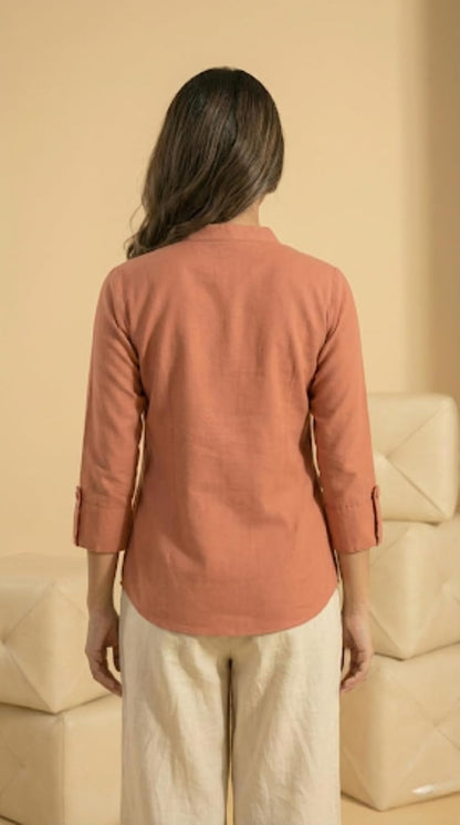 Women's Viscose Rayon,Mandarin Collar Button-Down Shirt, 3/4 Sleeve Casual Top | Roll-up Sleeve Regular Top for Women & Girls (Rust Orange)