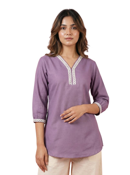 Eastpearl Women’s Viscose Rayon Lace Detail Tunic, V-Neck 3/4 Sleeve Casual Short Kurti, Soft Breathable Fabric, Everyday & Office Wear