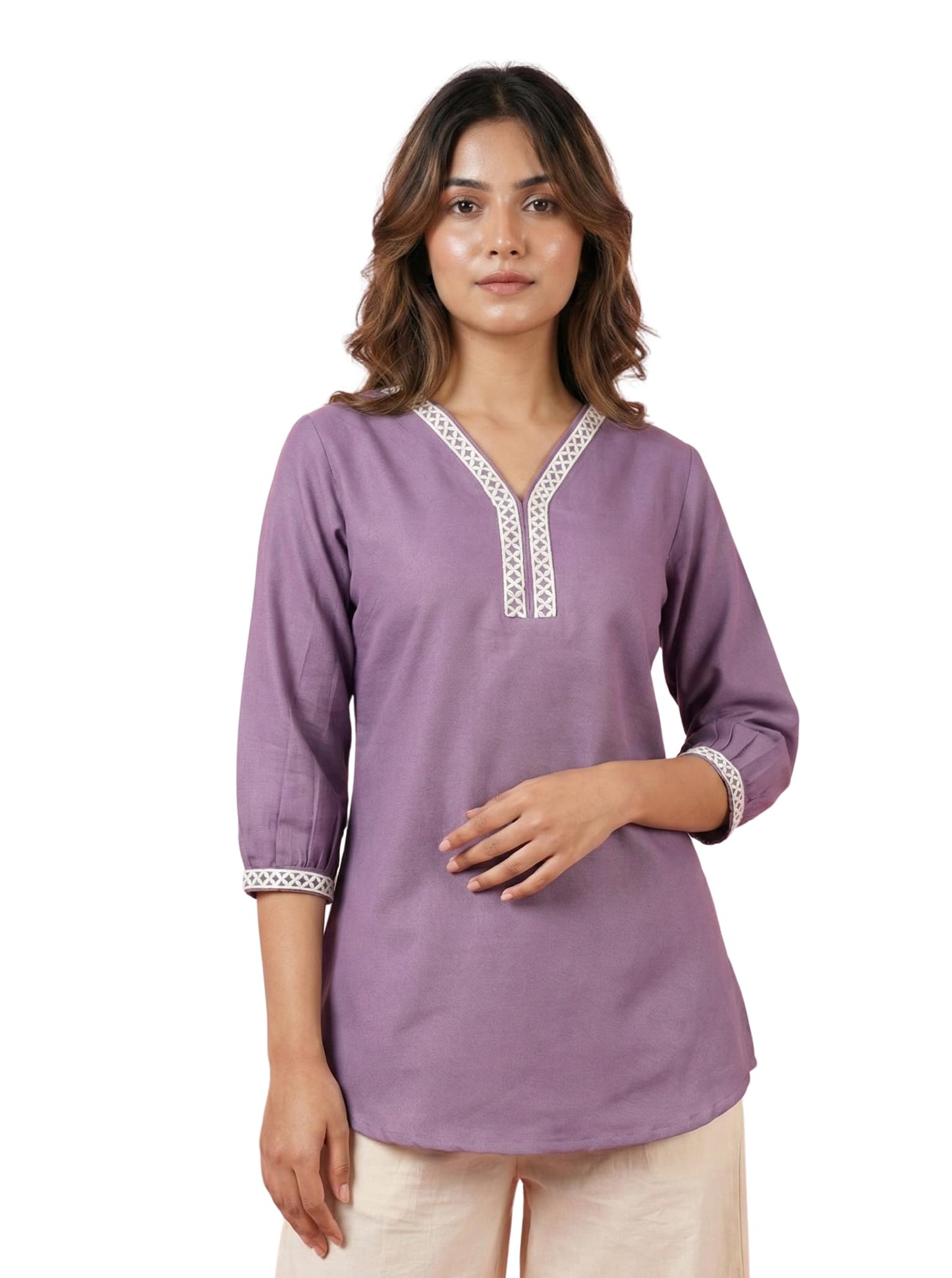 Eastpearl Women’s Viscose Rayon Lace Detail Tunic, V-Neck 3/4 Sleeve Casual Short Kurti, Soft Breathable Fabric, Everyday & Office Wear