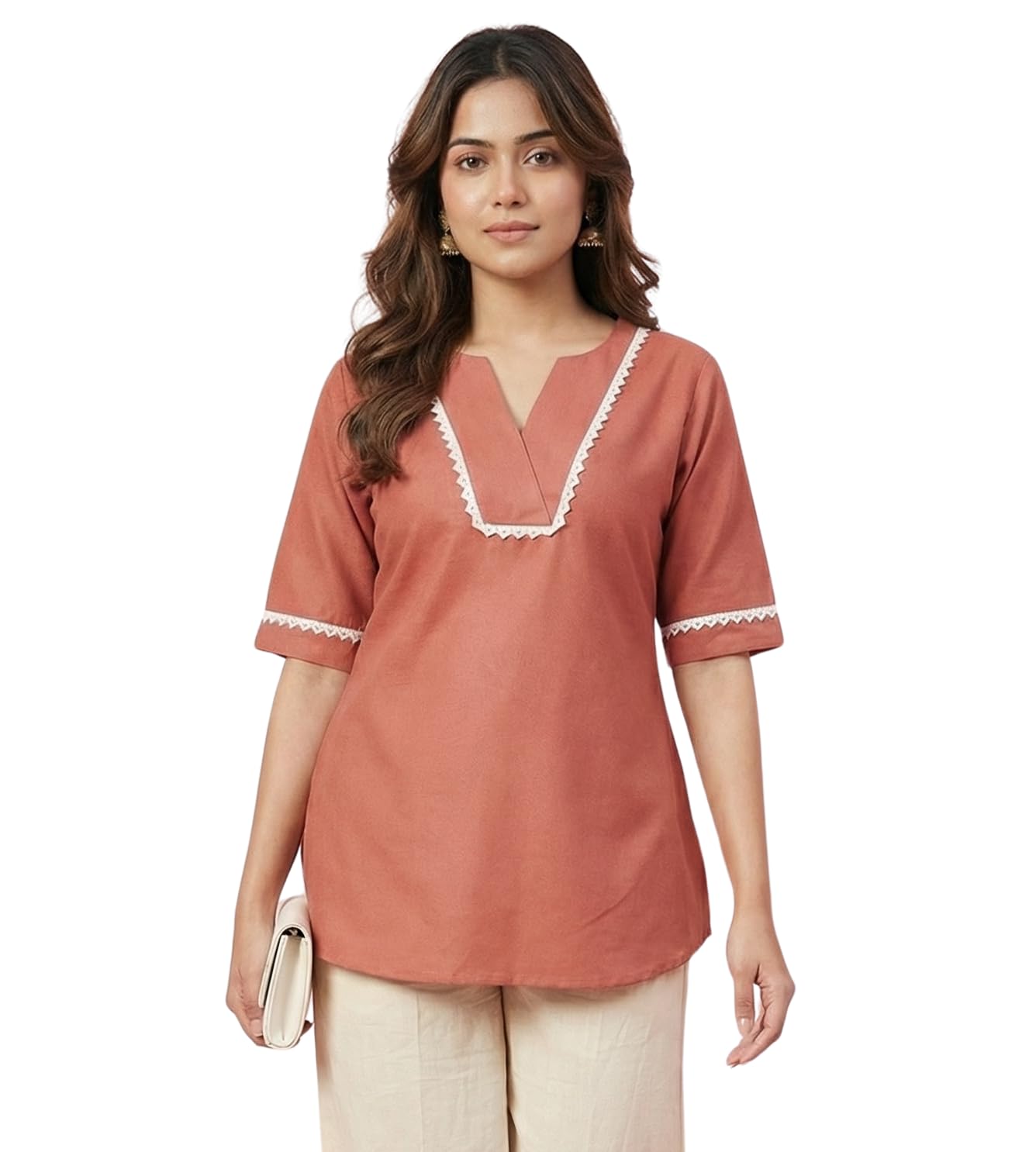 Women’s Viscose Rayon Solid Short Kurti Top – V-Neck Casual Ethnic Tunic with Lace Detailing | Comfortable Daily & Office Wear (Dark Peach)