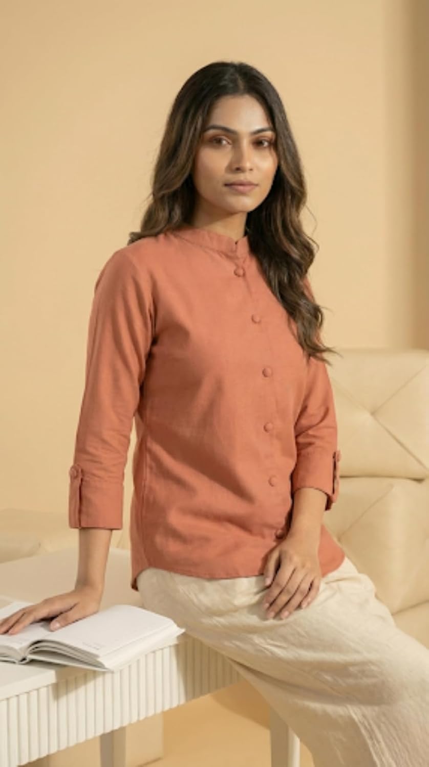 Women's Viscose Rayon,Mandarin Collar Button-Down Shirt, 3/4 Sleeve Casual Top | Roll-up Sleeve Regular Top for Women & Girls (Rust Orange)