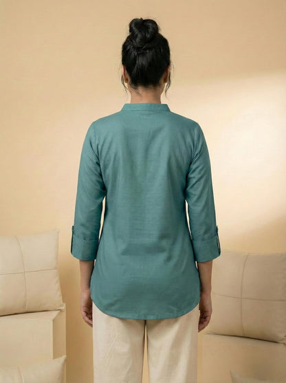 Women's Solid Viscose Rayon Mandarin Collar Tunic Shirt | 3/4 Roll-up Sleeve Regular Fit Casual Top for Women & Girls | Teal Green