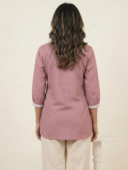 Dusty Rose Women's Viscose Rayon Lace Detail Tunic | V-Neck 3/4 Sleeve Casual Top | Comfortable Short Kurti |
