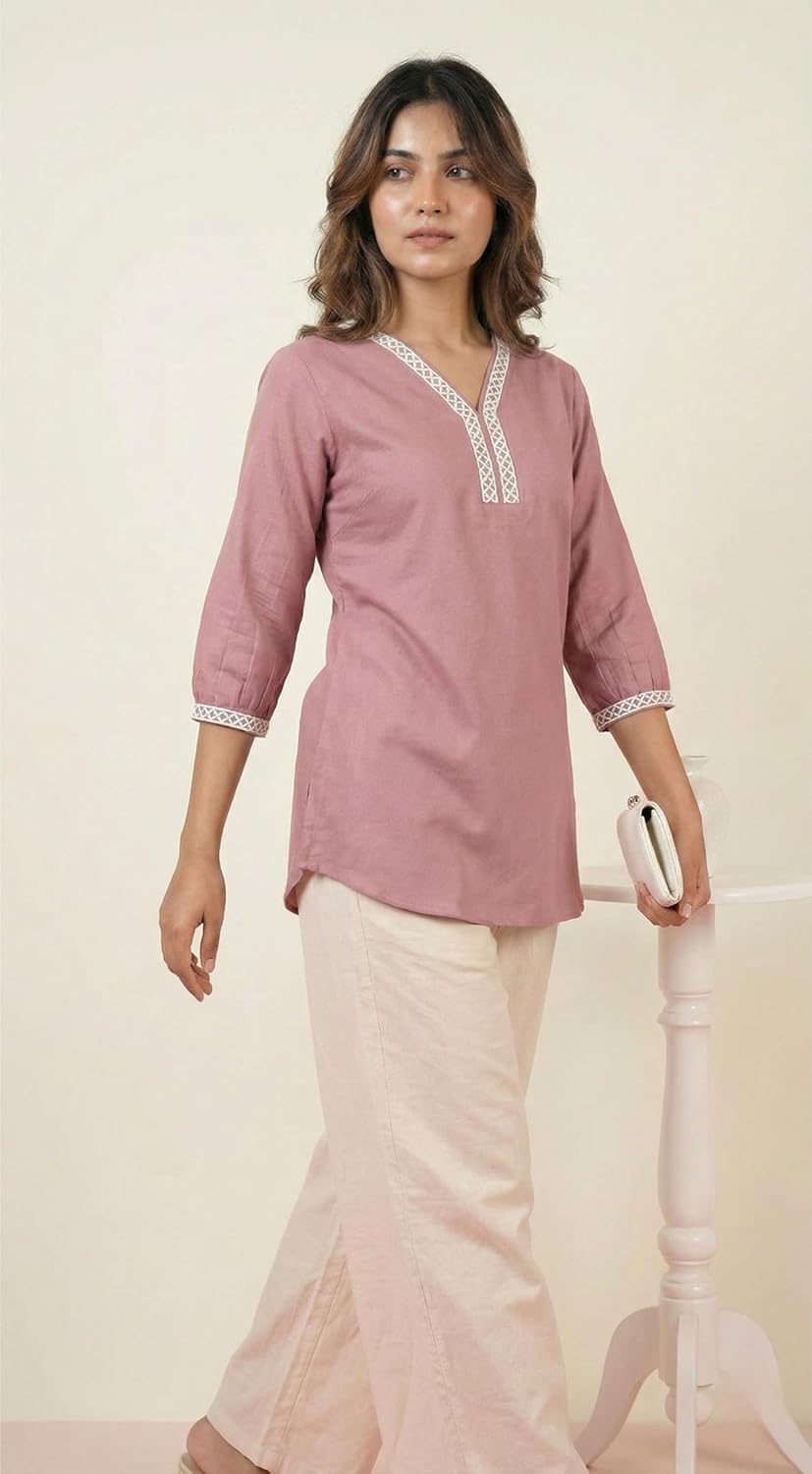 Dusty Rose Women's Viscose Rayon Lace Detail Tunic | V-Neck 3/4 Sleeve Casual Top | Comfortable Short Kurti |