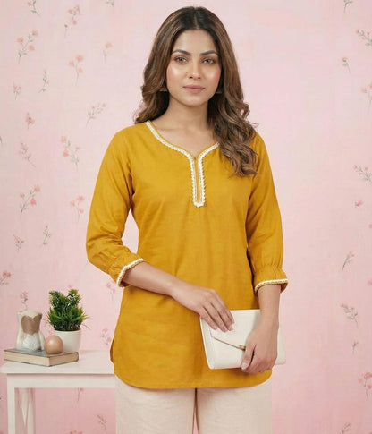 Women’s Viscose Rayon Solid Short Kurti Top – V-Neck Casual Ethnic Tunic with Lace Detailing | Comfortable Daily & Office Wear (Mustard Yellow)