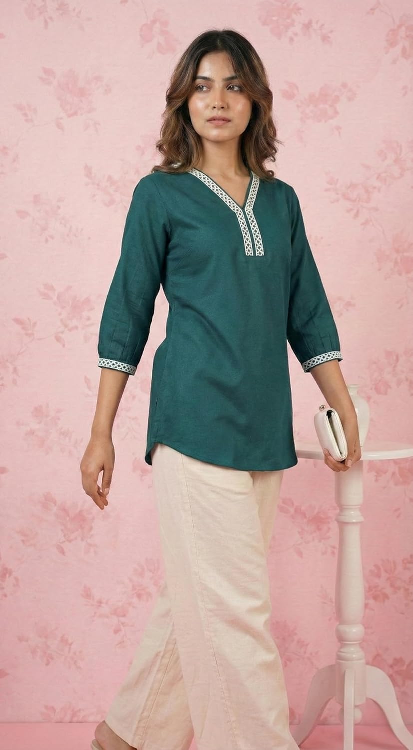 Eastpearl Women’s Viscose Rayon Lace Detail Tunic, V-Neck 3/4 Sleeve Casual Short Kurti, Soft Breathable Fabric, Everyday & Office Wear