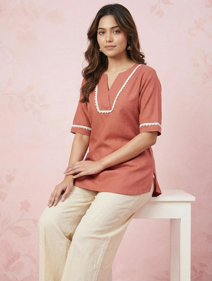 Women’s Viscose Rayon Solid Short Kurti Top – V-Neck Casual Ethnic Tunic with Lace Detailing | Comfortable Daily & Office Wear (Dark Peach)