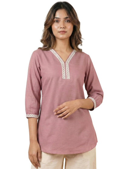 Dusty Rose Women's Viscose Rayon Lace Detail Tunic | V-Neck 3/4 Sleeve Casual Top | Comfortable Short Kurti |