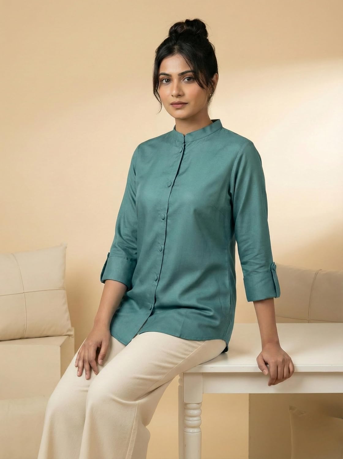 Women's Solid Viscose Rayon Mandarin Collar Tunic Shirt | 3/4 Roll-up Sleeve Regular Fit Casual Top for Women & Girls | Teal Green
