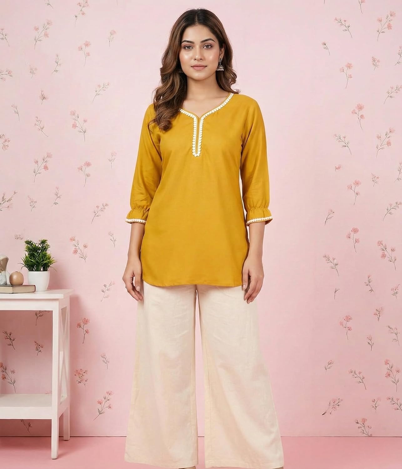 Women’s Viscose Rayon Solid Short Kurti Top – V-Neck Casual Ethnic Tunic with Lace Detailing | Comfortable Daily & Office Wear (Mustard Yellow)