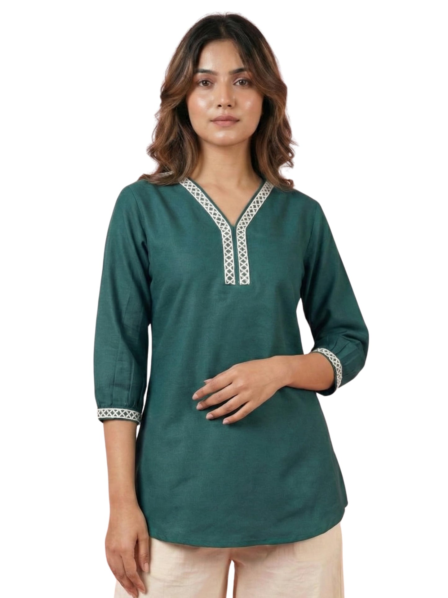 Eastpearl Women’s Viscose Rayon Lace Detail Tunic, V-Neck 3/4 Sleeve Casual Short Kurti, Soft Breathable Fabric, Everyday & Office Wear