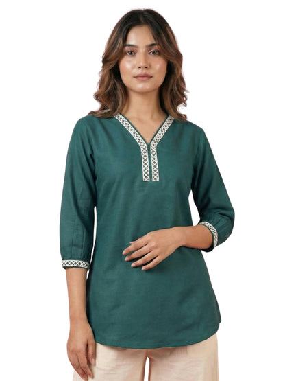 Eastpearl Women’s Viscose Rayon Lace Detail Tunic, V-Neck 3/4 Sleeve Casual Short Kurti, Soft Breathable Fabric, Everyday & Office Wear