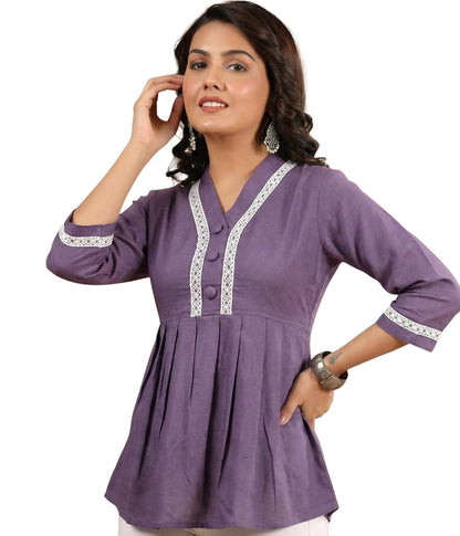 Eastpearl Women’s Viscose Rayon Waist Tunic Top | V-Neck Short Kurti with Lace Border & 3/4 Sleeves | Casual & Semi-Formal Fusion Wear Lavender