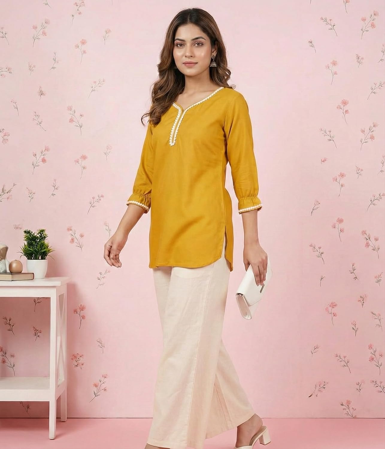 Women’s Viscose Rayon Solid Short Kurti Top – V-Neck Casual Ethnic Tunic with Lace Detailing | Comfortable Daily & Office Wear (Mustard Yellow)