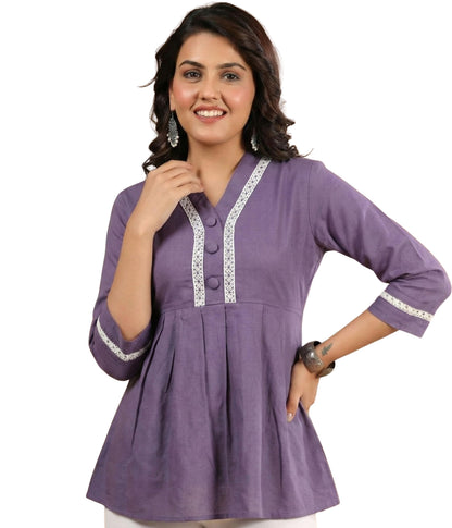 Eastpearl Women’s Viscose Rayon Waist Tunic Top | V-Neck Short Kurti with Lace Border & 3/4 Sleeves | Casual & Semi-Formal Fusion Wear Lavender
