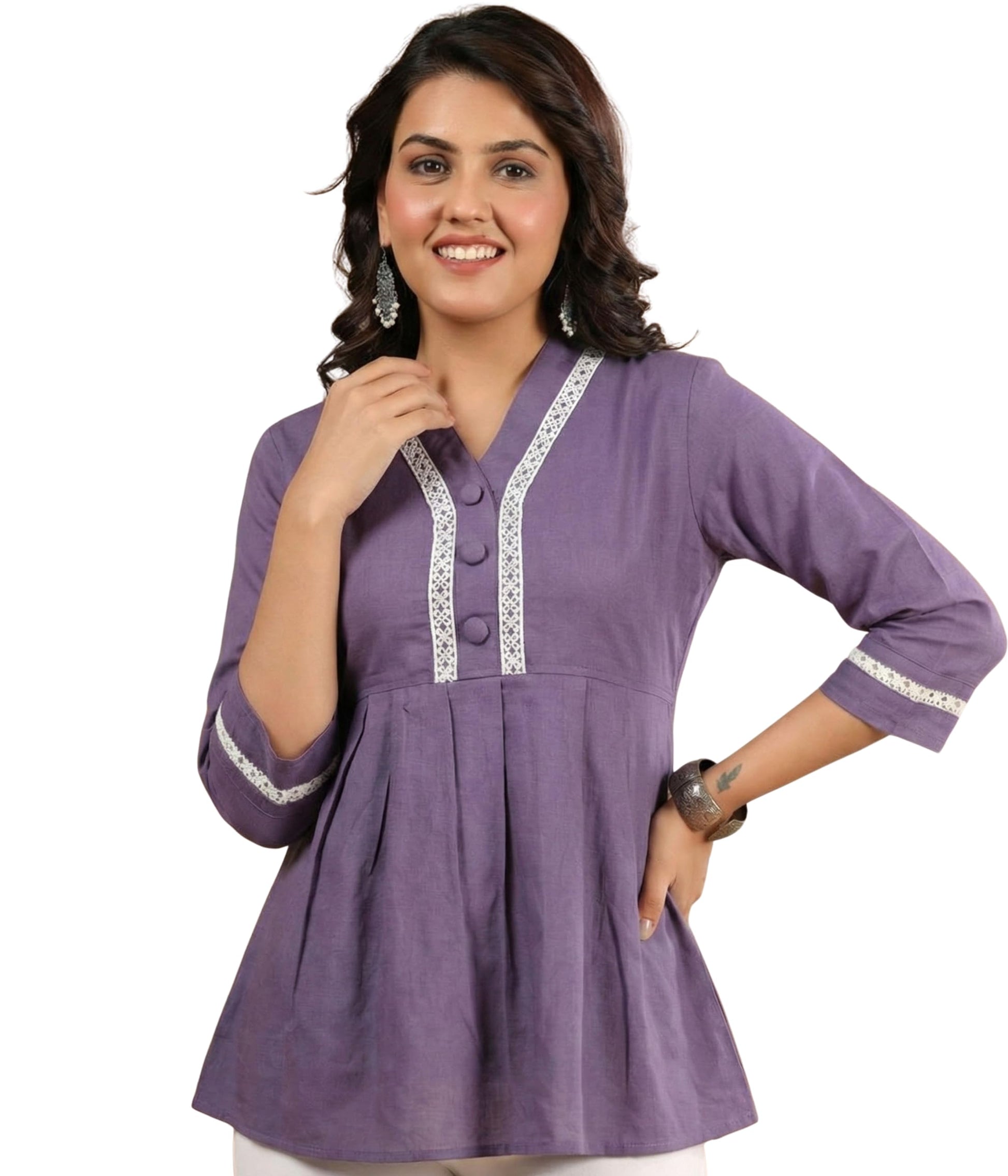 Eastpearl Women’s Viscose Rayon Waist Tunic Top | V-Neck Short Kurti with Lace Border & 3/4 Sleeves | Casual & Semi-Formal Fusion Wear Lavender