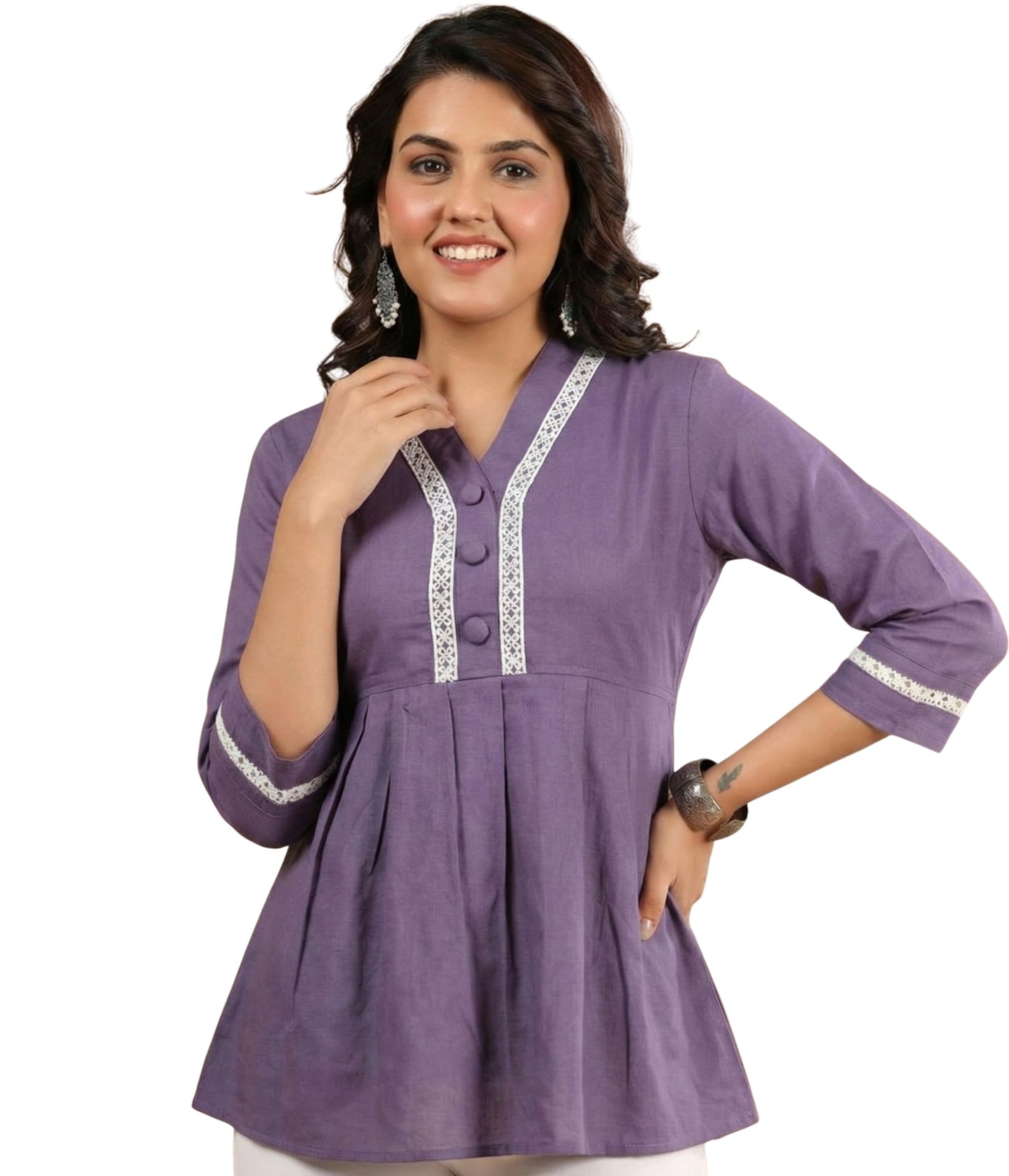 Eastpearl Women’s Viscose Rayon Waist Tunic Top | V-Neck Short Kurti with Lace Border & 3/4 Sleeves | Casual & Semi-Formal Fusion Wear Lavender