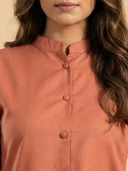 Women's Viscose Rayon,Mandarin Collar Button-Down Shirt, 3/4 Sleeve Casual Top | Roll-up Sleeve Regular Top for Women & Girls (Rust Orange)