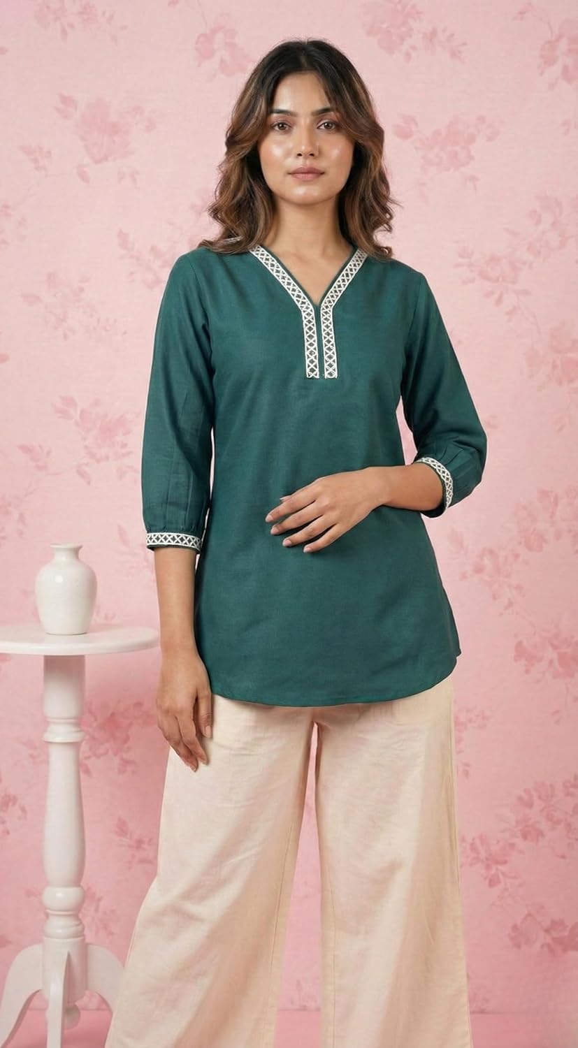 Eastpearl Women’s Viscose Rayon Lace Detail Tunic, V-Neck 3/4 Sleeve Casual Short Kurti, Soft Breathable Fabric, Everyday & Office Wear