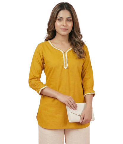 Women’s Viscose Rayon Solid Short Kurti Top – V-Neck Casual Ethnic Tunic with Lace Detailing | Comfortable Daily & Office Wear (Mustard Yellow)