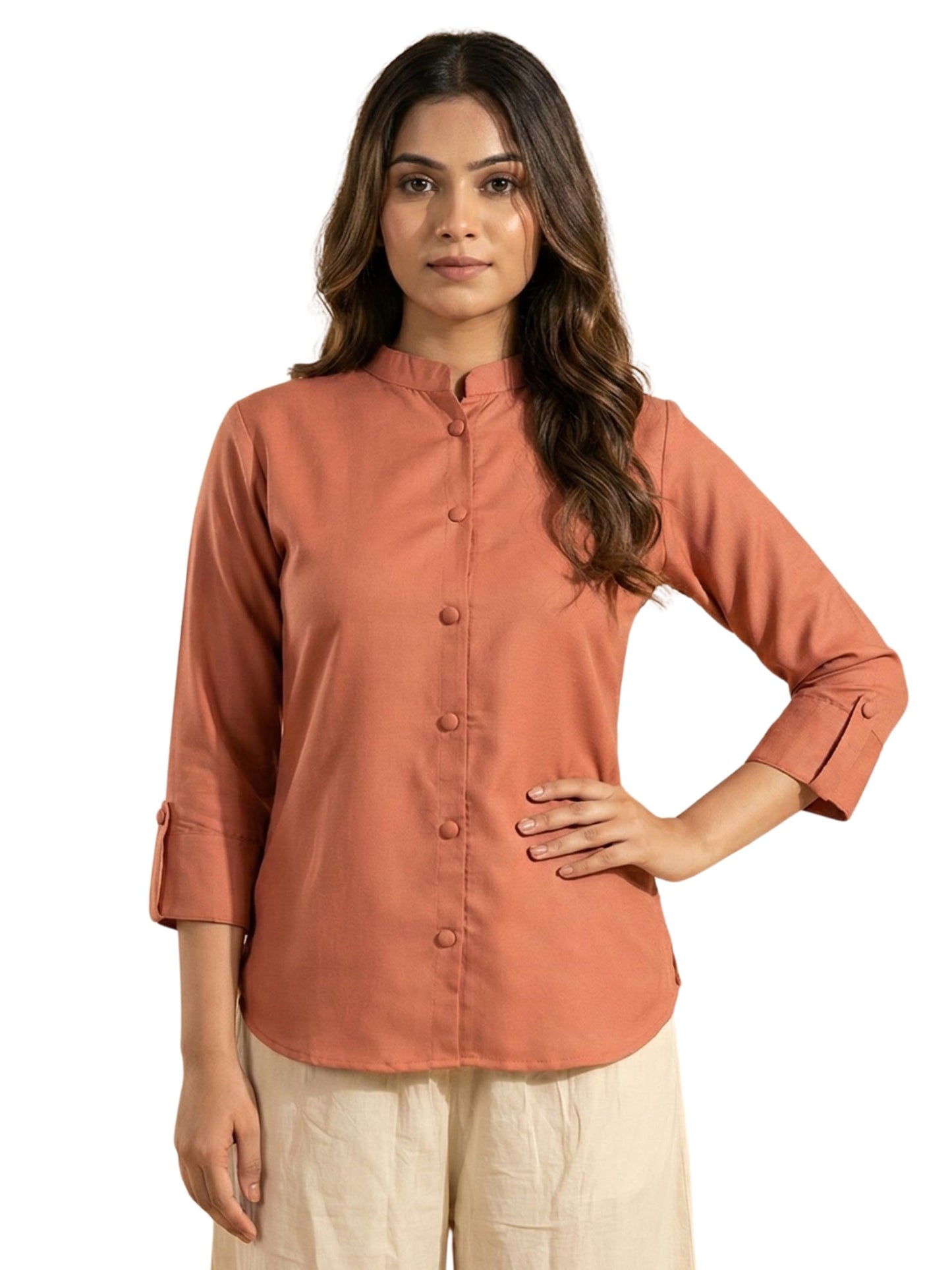 Women's Viscose Rayon,Mandarin Collar Button-Down Shirt, 3/4 Sleeve Casual Top | Roll-up Sleeve Regular Top for Women & Girls (Rust Orange)
