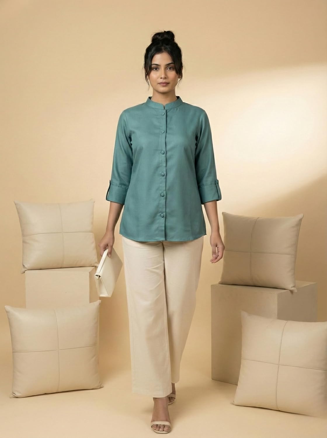 Women's Solid Viscose Rayon Mandarin Collar Tunic Shirt | 3/4 Roll-up Sleeve Regular Fit Casual Top for Women & Girls | Teal Green