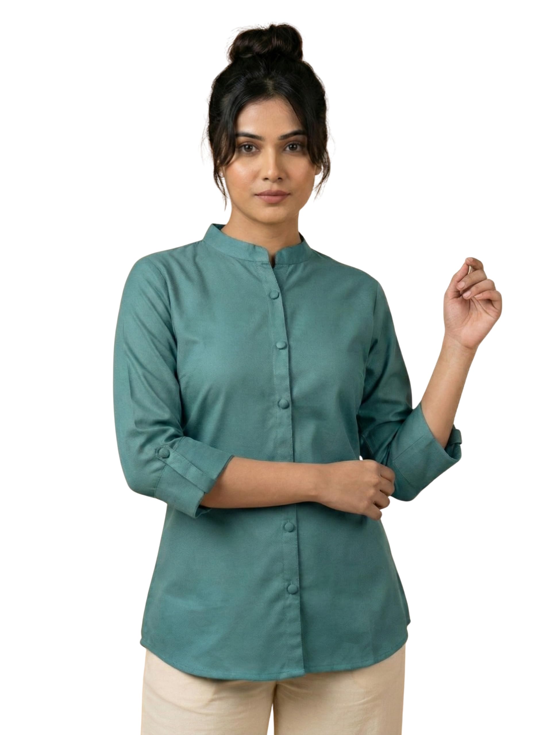 Women's Solid Viscose Rayon Mandarin Collar Tunic Shirt | 3/4 Roll-up Sleeve Regular Fit Casual Top for Women & Girls | Teal Green