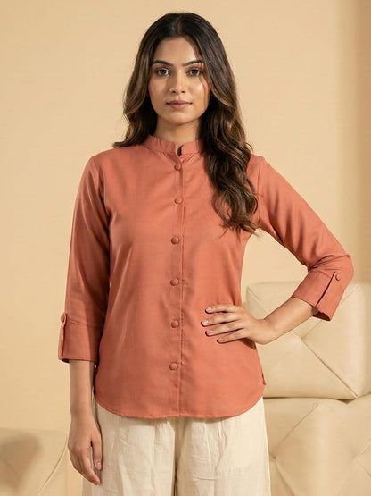 Women's Viscose Rayon,Mandarin Collar Button-Down Shirt, 3/4 Sleeve Casual Top | Roll-up Sleeve Regular Top for Women & Girls (Rust Orange)