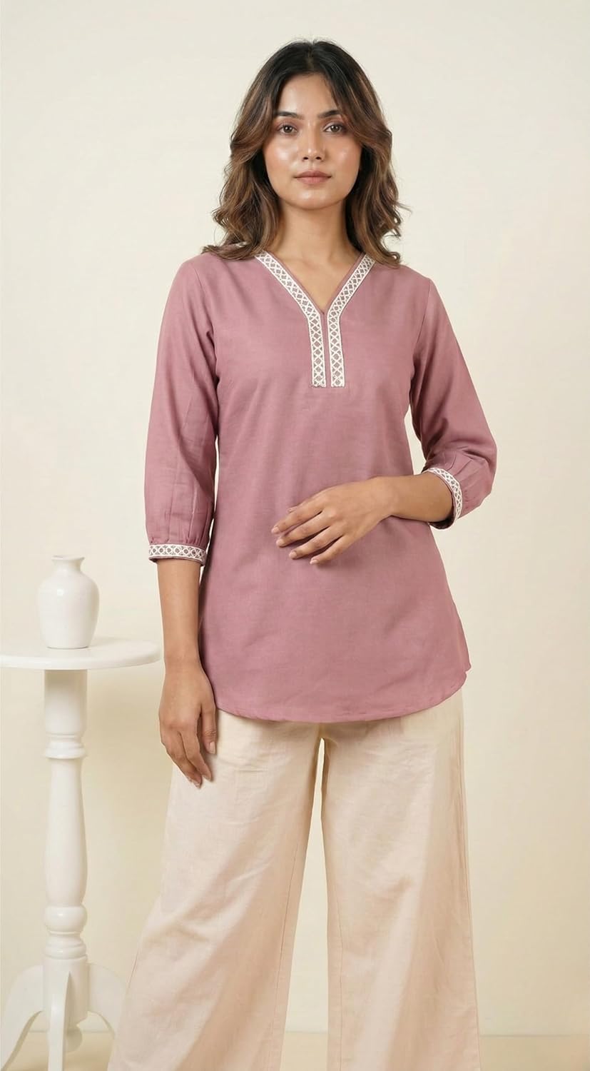 Dusty Rose Women's Viscose Rayon Lace Detail Tunic | V-Neck 3/4 Sleeve Casual Top | Comfortable Short Kurti |