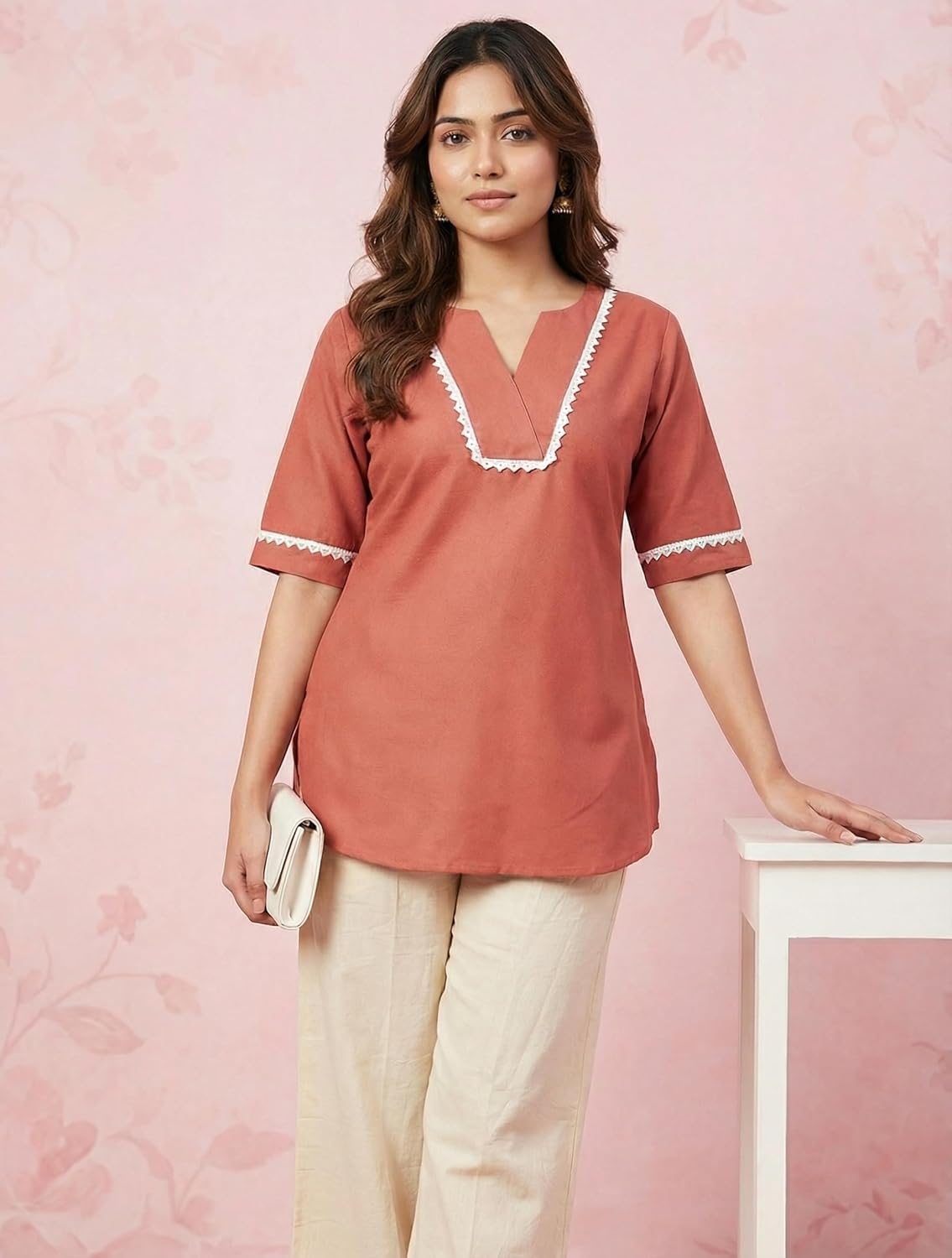 Women’s Viscose Rayon Solid Short Kurti Top – V-Neck Casual Ethnic Tunic with Lace Detailing | Comfortable Daily & Office Wear (Dark Peach)