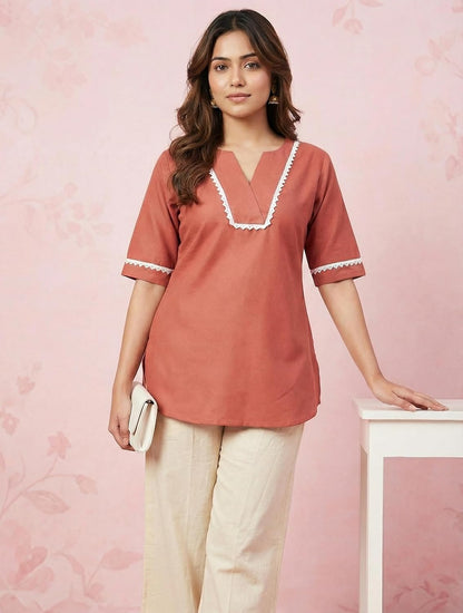 Women’s Viscose Rayon Solid Short Kurti Top – V-Neck Casual Ethnic Tunic with Lace Detailing | Comfortable Daily & Office Wear (Dark Peach)