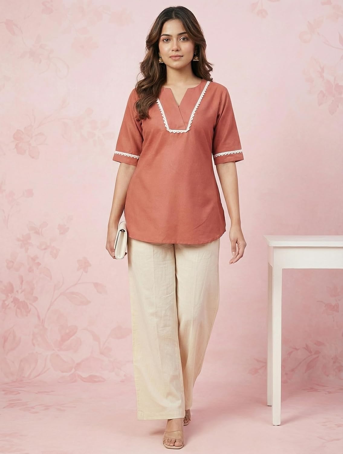 Women’s Viscose Rayon Solid Short Kurti Top – V-Neck Casual Ethnic Tunic with Lace Detailing | Comfortable Daily & Office Wear (Dark Peach)