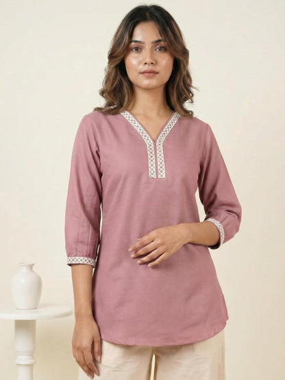 Dusty Rose Women's Viscose Rayon Lace Detail Tunic | V-Neck 3/4 Sleeve Casual Top | Comfortable Short Kurti |