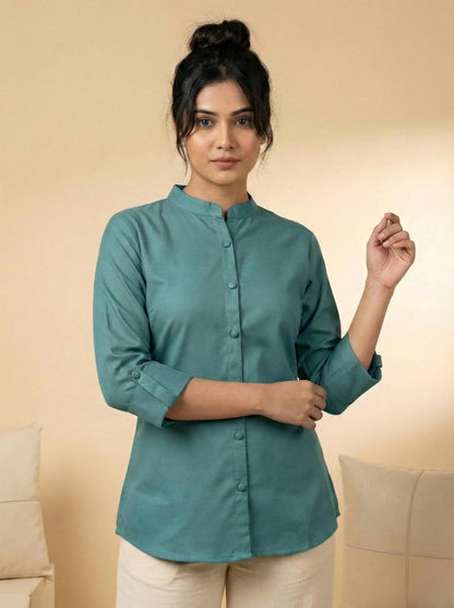 Women's Solid Viscose Rayon Mandarin Collar Tunic Shirt | 3/4 Roll-up Sleeve Regular Fit Casual Top for Women & Girls | Teal Green