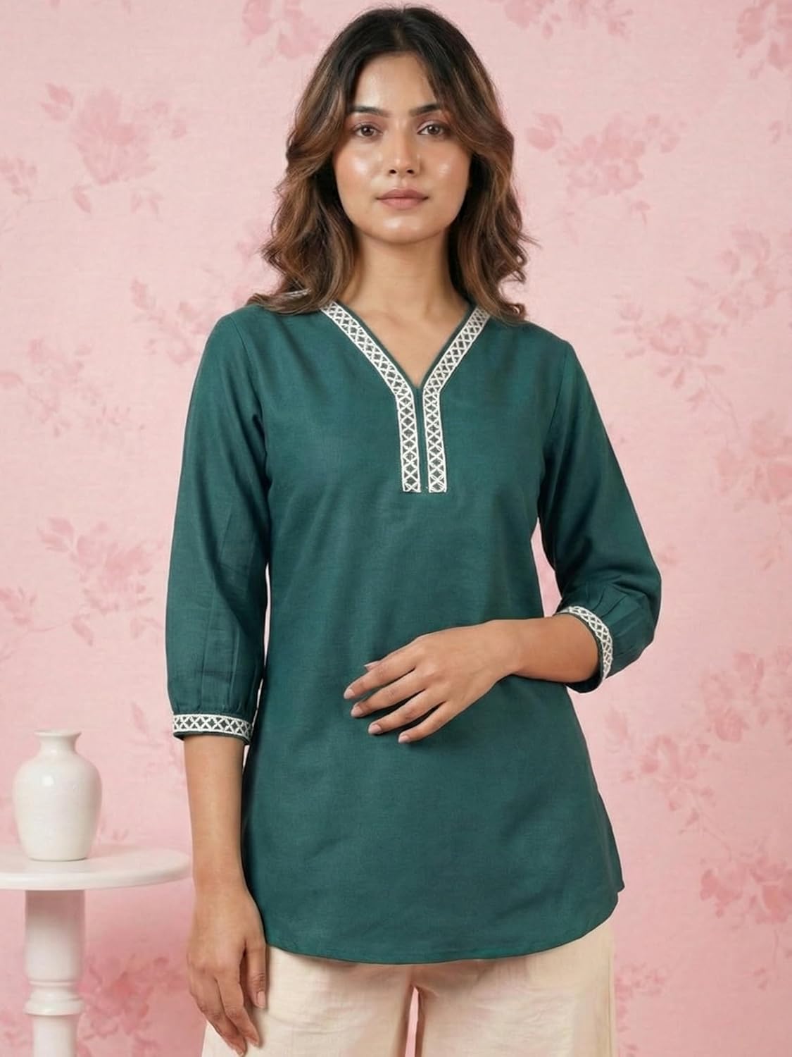 Eastpearl Women’s Viscose Rayon Lace Detail Tunic, V-Neck 3/4 Sleeve Casual Short Kurti, Soft Breathable Fabric, Everyday & Office Wear