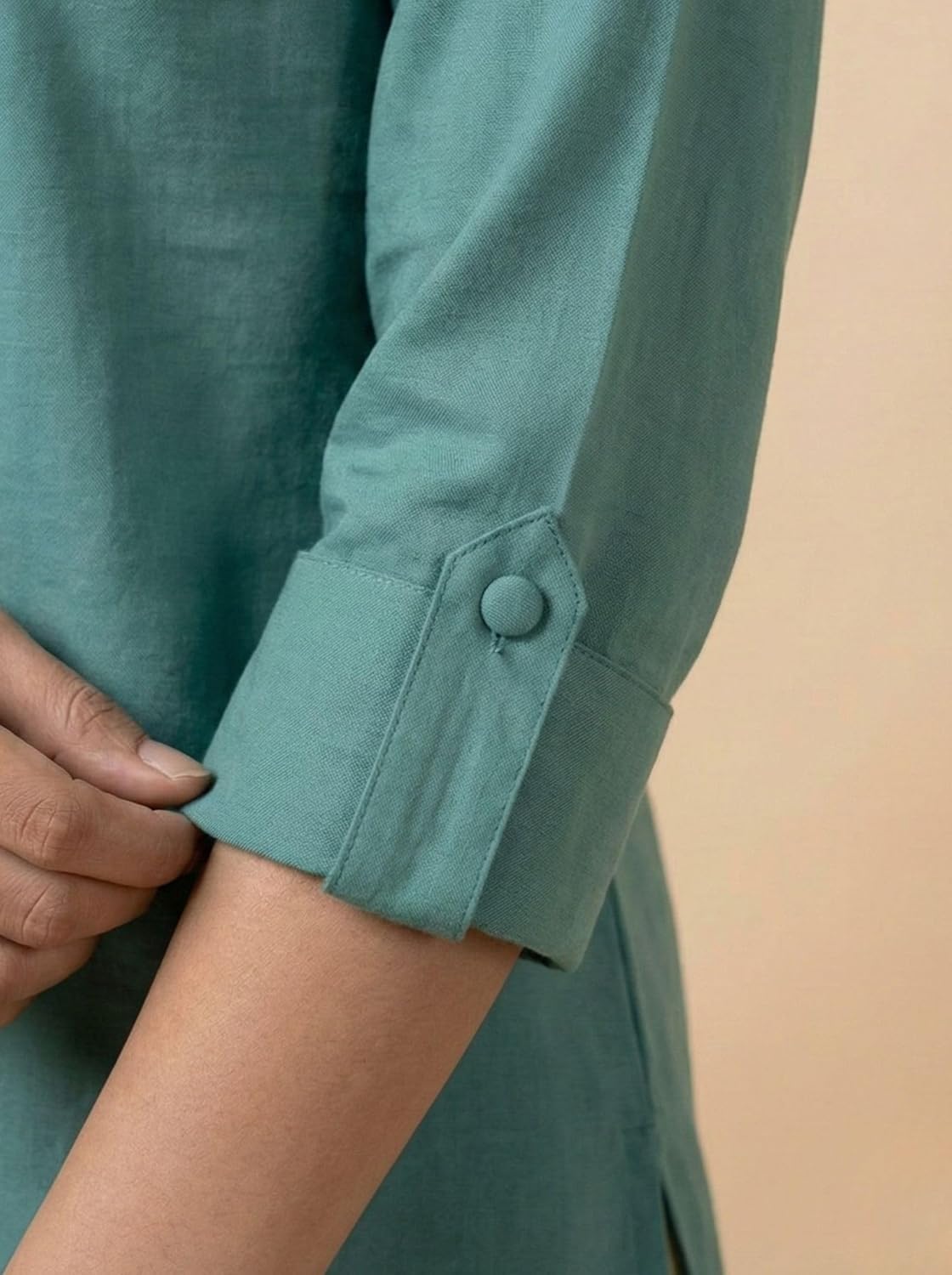 Women's Solid Viscose Rayon Mandarin Collar Tunic Shirt | 3/4 Roll-up Sleeve Regular Fit Casual Top for Women & Girls | Teal Green