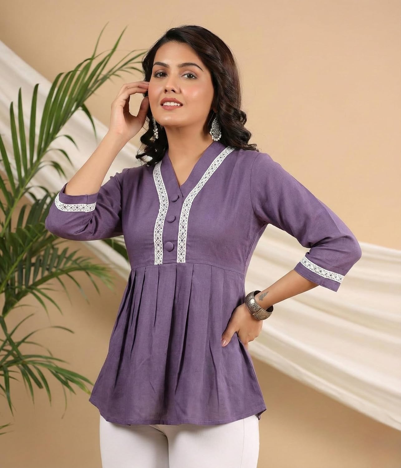 Eastpearl Women’s Viscose Rayon Waist Tunic Top | V-Neck Short Kurti with Lace Border & 3/4 Sleeves | Casual & Semi-Formal Fusion Wear Lavender