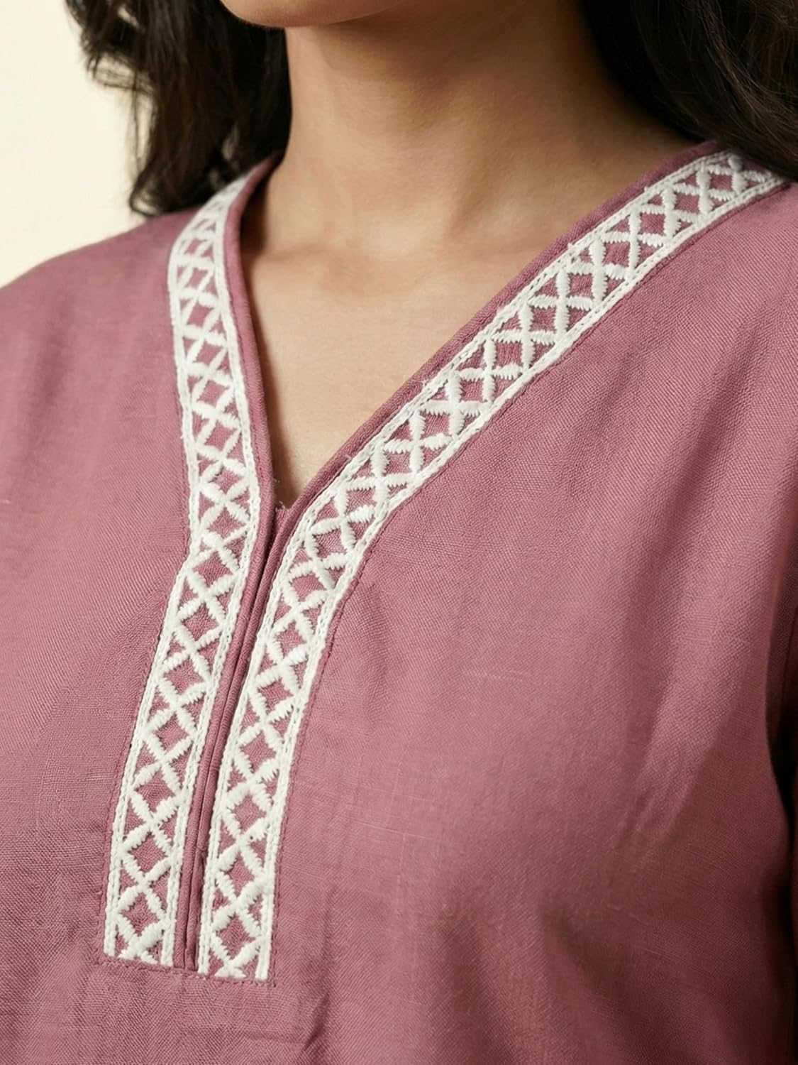 Dusty Rose Women's Viscose Rayon Lace Detail Tunic | V-Neck 3/4 Sleeve Casual Top | Comfortable Short Kurti |