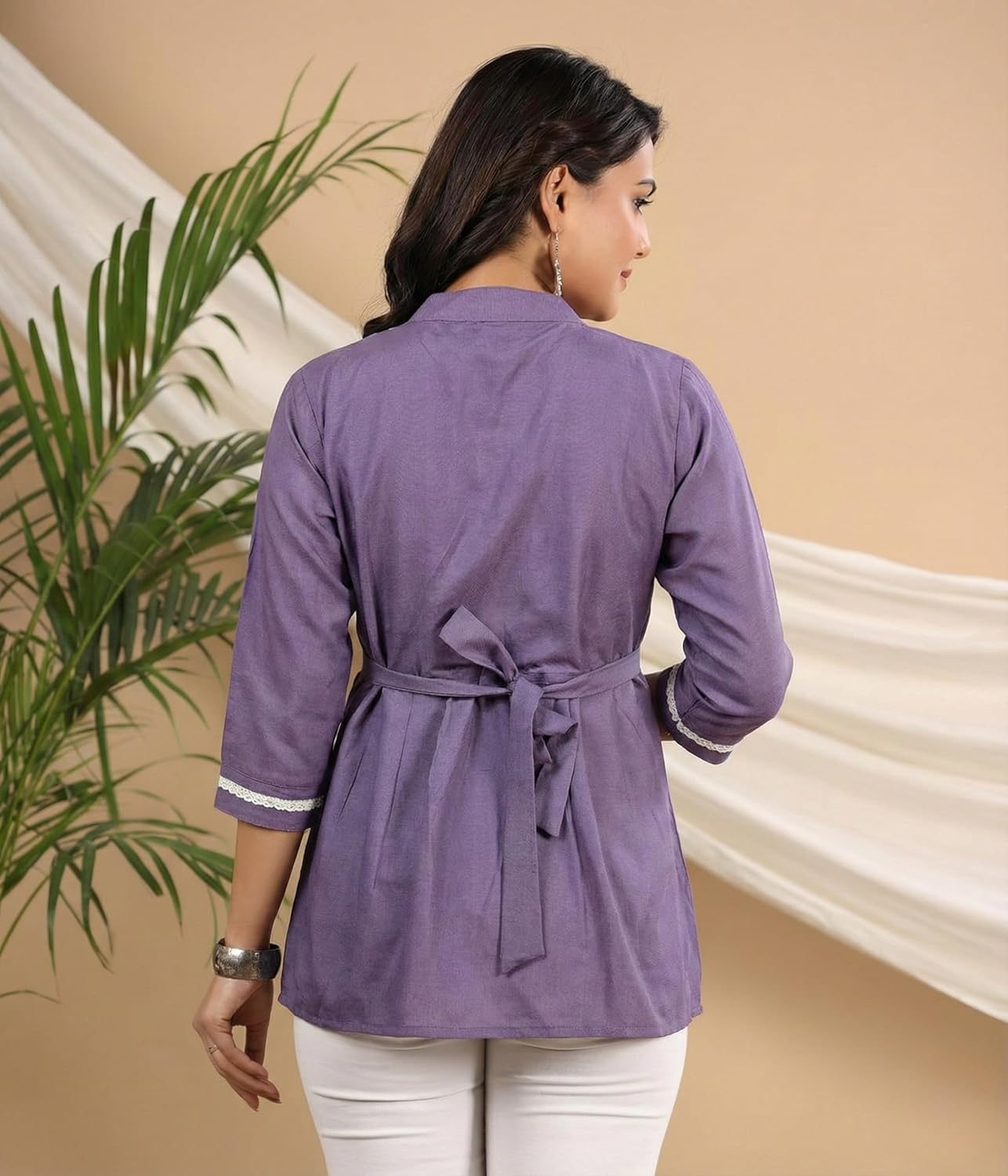 Eastpearl Women’s Viscose Rayon Waist Tunic Top | V-Neck Short Kurti with Lace Border & 3/4 Sleeves | Casual & Semi-Formal Fusion Wear Lavender