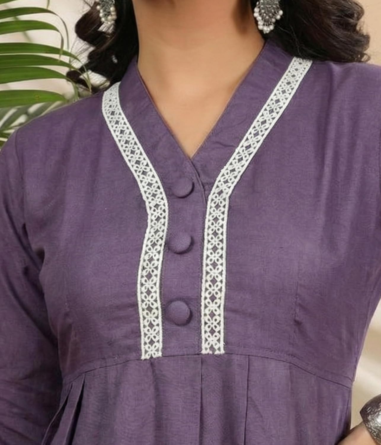 Eastpearl Women’s Viscose Rayon Waist Tunic Top | V-Neck Short Kurti with Lace Border & 3/4 Sleeves | Casual & Semi-Formal Fusion Wear Lavender