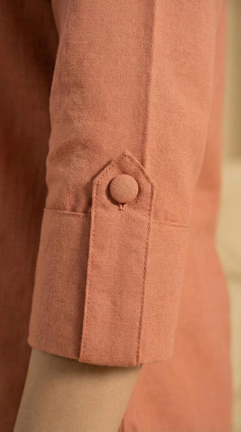 Women's Viscose Rayon,Mandarin Collar Button-Down Shirt, 3/4 Sleeve Casual Top | Roll-up Sleeve Regular Top for Women & Girls (Rust Orange)