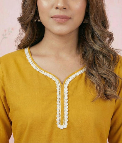 Women’s Viscose Rayon Solid Short Kurti Top – V-Neck Casual Ethnic Tunic with Lace Detailing | Comfortable Daily & Office Wear (Mustard Yellow)