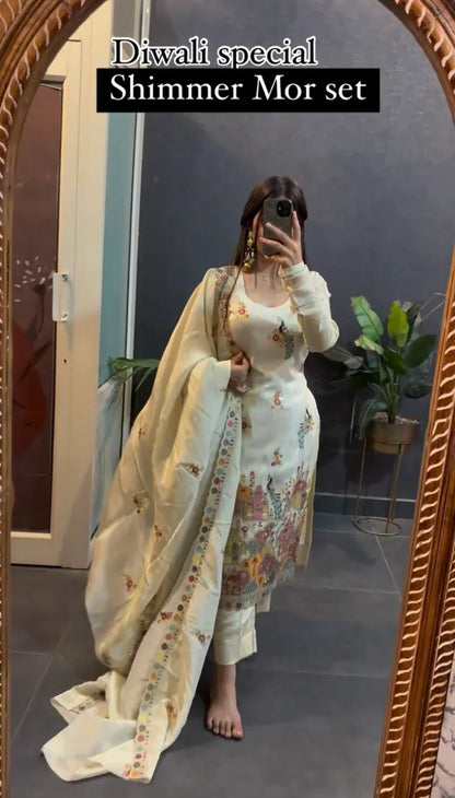 White Premium Designer Peacock Design Suit