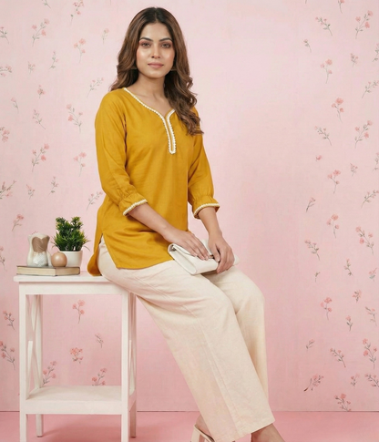 Women Mustard Cotton Ethnic Kurti for Daily & Office Wear