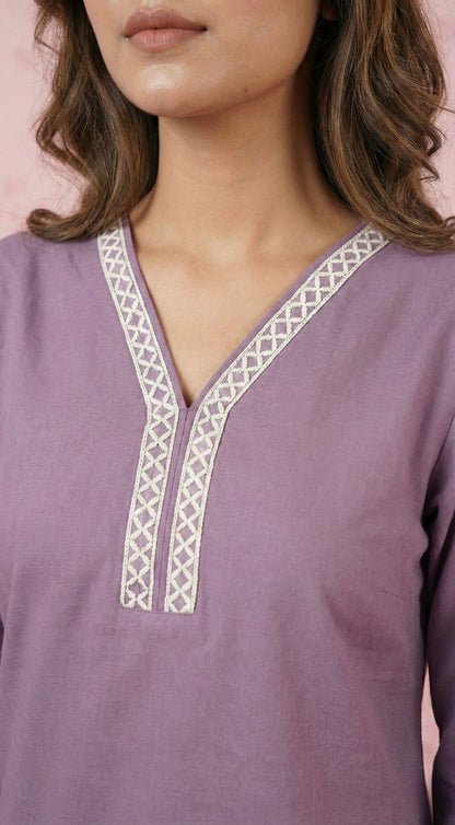 Lavender Solid Short Kurti for Women | Cotton Blend Ethnic Tunic