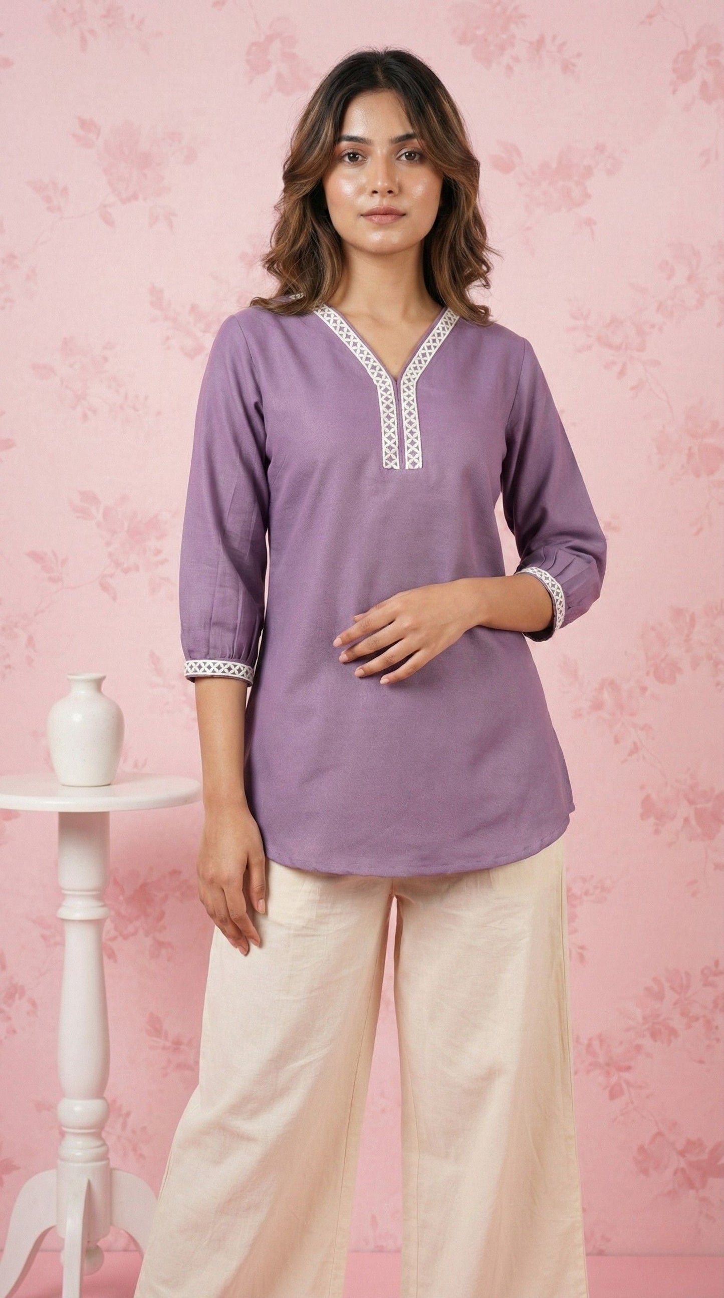 Lavender Solid Short Kurti for Women | Cotton Blend Ethnic Tunic